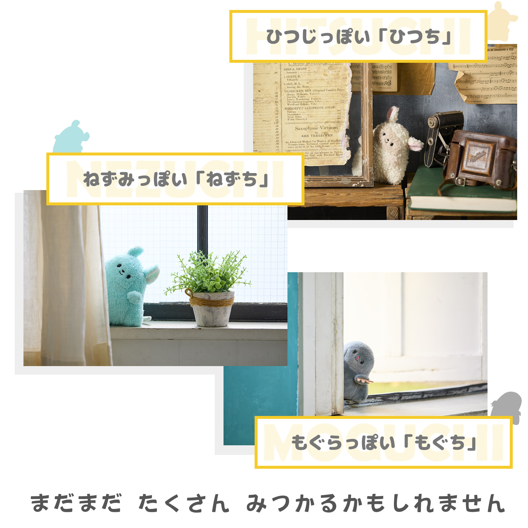 ねずみっぽい「ねずち」 もぐらっぽい「もぐち」 ひつじっぽい「ひつち」 まだまだたくさんみつかるかもしれません